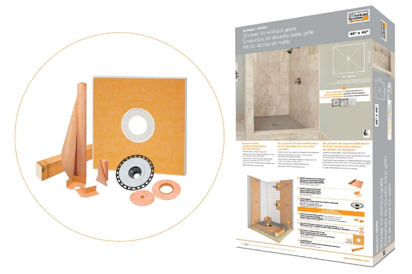 KSK1830ABS - 72" x 72" - Schluter KERDI-SHOWER-KIT Shower kit with centered outlet position - FL without gille with 2" ABS flange