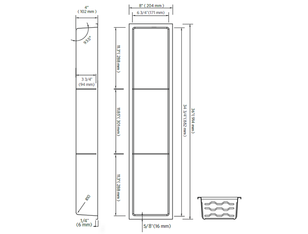 Fusion - 8" x 36" - Niche de douche avec deux tablettes acier inoxydable