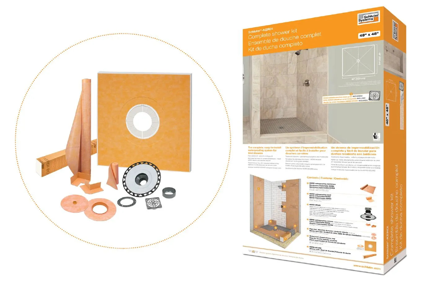 KSK1830PVC - 72" x 72" - Schluter KERDI-SHOWER-KIT Shower kit with centered outlet position - FL without grille with 2" PVC flange