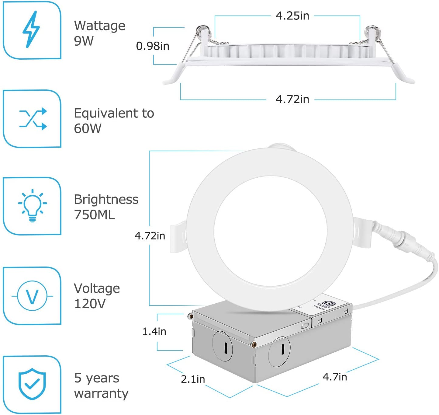 Slim downlight, 10.2 cm 9 W 700 lumen LED,. Dimmable 3000k, 4000k, 5000k, ETL/Energy Star Listed 